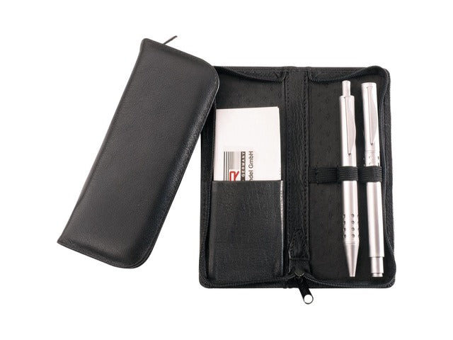 Pennenetui voor 3 stuks zwart leer met zonlicht 15 x 6,5 x 2 cm