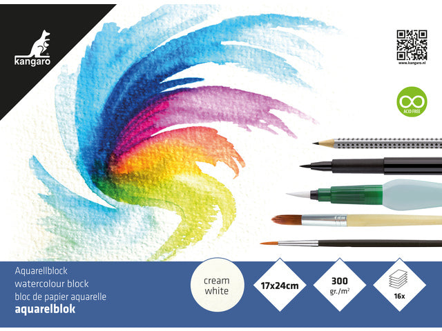 Aquarelpapier Kangaro blok 17x24cm 300 gram 16 vel roomwit