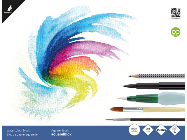 Aquarelpapier Kangaro blok 24x32cm 300 gram 16 vel roomwit