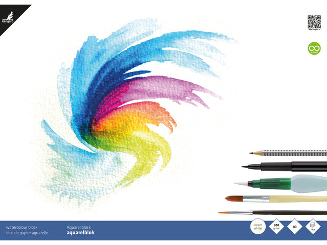 Aquarelpapier Kangaro blok A3 300 gram 16 vel, kamerwit 3 zijden gelijmd