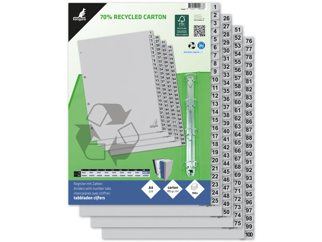 Tabblad ECO Kangaro A4 cijfers 180 gram grijs karton 4-gaats 100-delig