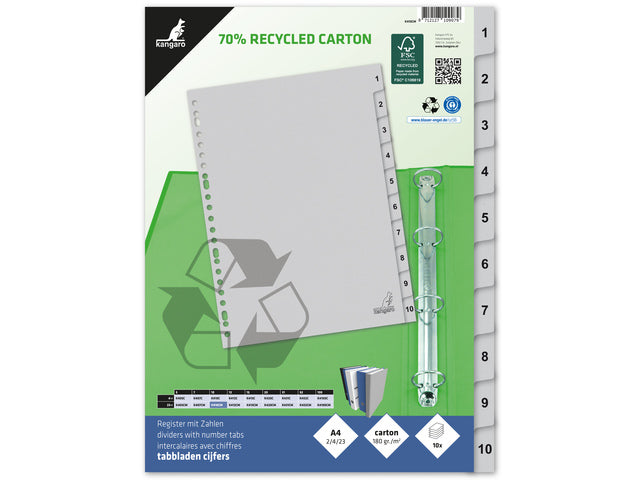 Tabblad ECO Kangaro A4 cijfers 180 gram grijs karton 23-gaats 10-delig