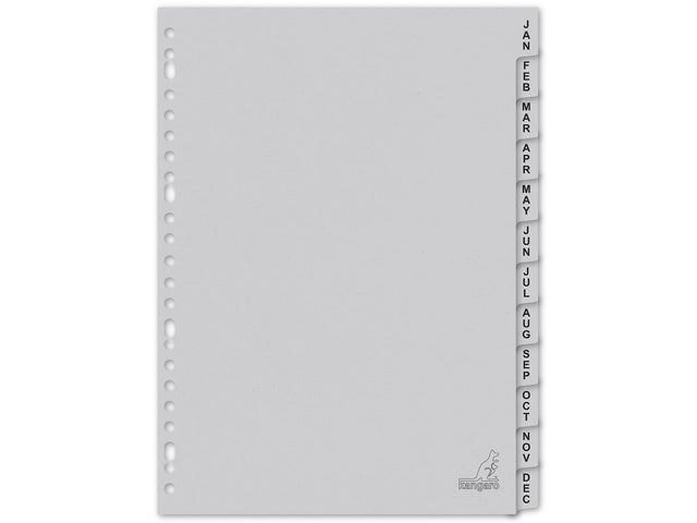 Tabblad ECO Kangaro A4 letters 180 gram grijs karton 23-gaats 12-delig jan-dec