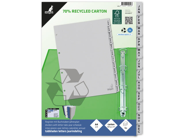 Tabblad ECO Kangaro A4 letters 180 gram grijs karton 4-gaats 12-delig jan-dec