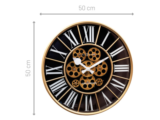 Zwarte Gear Klok - Grote Wandklok - 50cm - Bewegende tandwielen - "William" - NeXtime