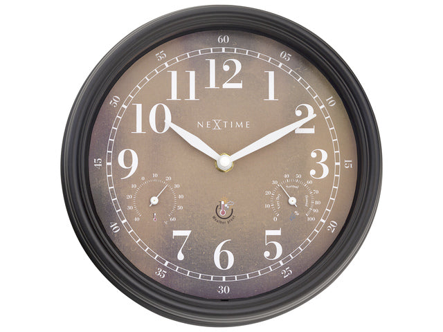 Buitenklok Nextime dia 23,5 cm Jasmine met thermo- en hydrometer cijfers, zwarte rand kopere wijzerplaat plastic