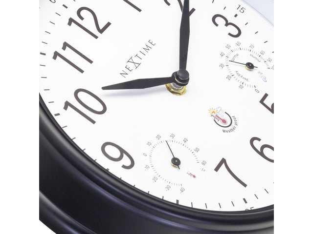 Buitenklok Nextime dia 23,5cm Jasmine met thermo- en hydrometer cijfers, zwarte rand witte wijzerplaat kunststof