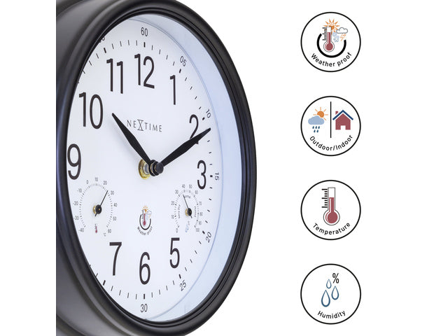Buitenklok Nextime dia 23,5cm Jasmine met thermo- en hydrometer cijfers, zwarte rand witte wijzerplaat kunststof
