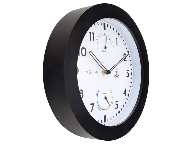 Buitenklok Nextime dia 25,5cm Daisy met thermo- en hydrometer cijfers, zwarte rand witte wijzerplaat plastic