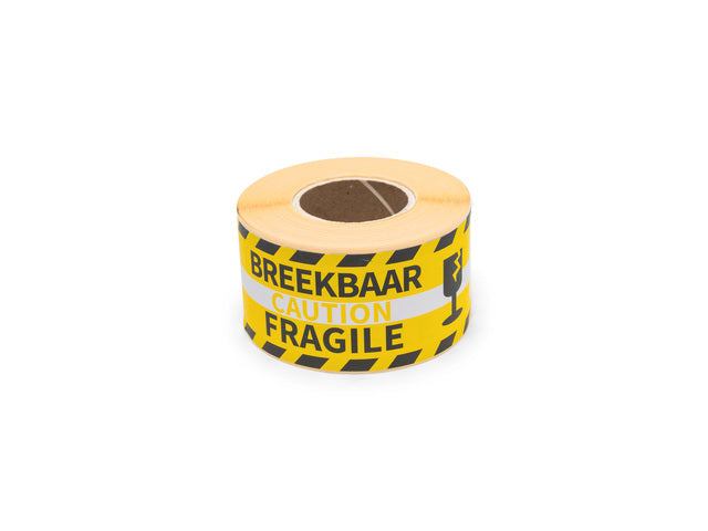 Gevaaretiket Raadhuis 46x125mm rol 250 stuks Breekbaarheid EN/NL geel