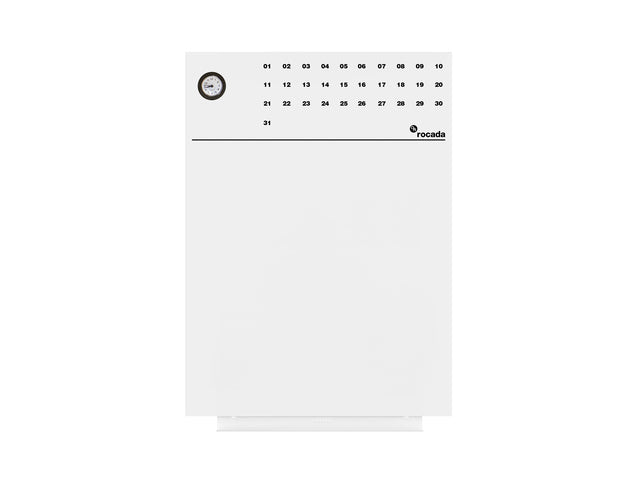 Whiteboard Rocada Skinclock 55x75cm wit gelakt met klok en kalender inclusief pennegoot