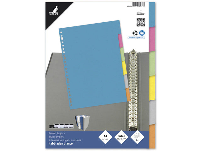 Tabblad Kangaro A4 blanco karton 220gr assorti 23-gaats 6-delig