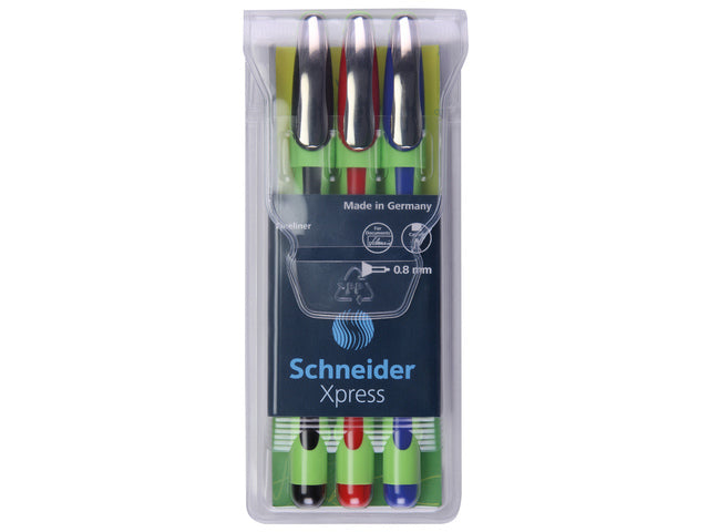 Fineliner Schneider Xpress 0,8mm etui 1x zwart, 1x rood, 1x blauw
