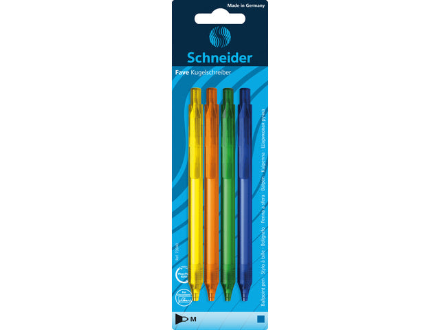 Balpen Schneider Fave M 4 stuks op blister assorti