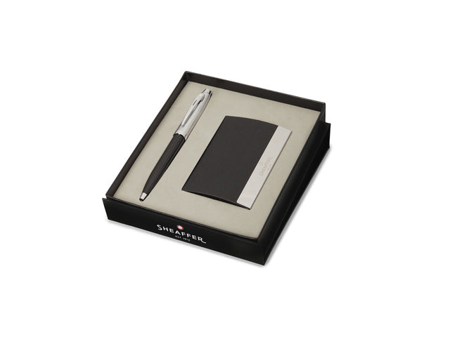 Balpen Giftset SHEAFFER 100 G9313 Glanzend zwarte barrel- geborsteld nikkel verguld met visitekaarthouder