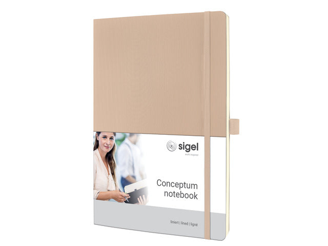 Notitieboek Conceptum A4 Beige gelinieerd softcover. Nummerde pagina's, inhoudsopgave, sluiting dmv elastiek, lus voor pen, 2 leeslintjes. 194 pagina's 80 grams chamoiskleurig papier. PEFC-gecertificeerd. 187x270x14mm.