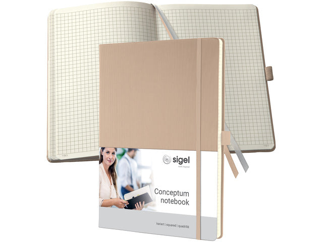 Notitieboek Conceptum A4 Beige 5mm schwarzes Hardcover. Genummerte Seiten, Innenausstattung, elastisches DMV-Elastik, Lus für den Stift, 2 Leisten. 194 Seiten 80 Gramm chamoiskleriges Papier. PEFC-zertifiziert