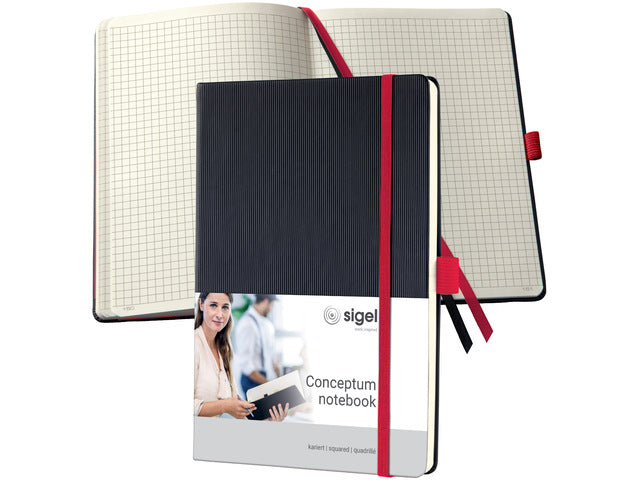 Notitieboek Conceptum RED Edition A5 zwart 5mm ruit hardcover. Genummerde pagina's, inhoudsopgave, sluiting d.m.v. elastiek, lus voor pen, 2 leeslintjes. 194 pagina's 80 grams chamoiskleurig papier. PEFC-gecertificeerd