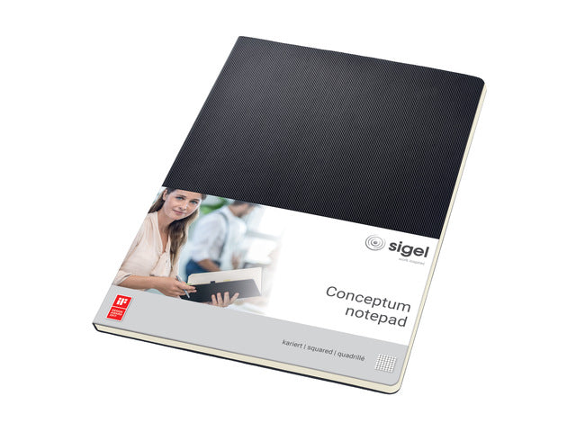 Schreibblock Conceptum A4 schwarz 5 mm schwarz Softcover. 120 Seiten, 80 Gramm chamoiskleriges Papier. Mit Quickpocket. 4-Loch-Perforation, Datumsmarkierung. PEFC-zertifiziert