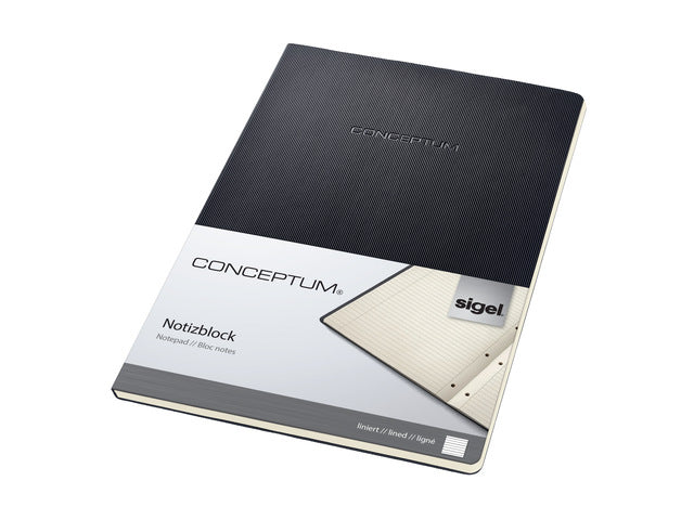 Schreibblock Conceptum, A4, schwarz-geliniet, Hardcover, 120 Seiten, 80 Gramm chamoiskleriges Papier. Mit Quickpocket. 4-Loch-Perforation, Datumsmarkierung. PEFC-zertifiziert