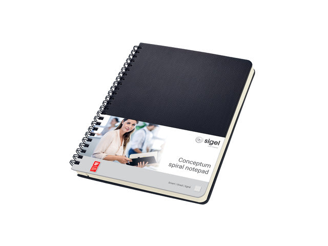 Notitieblok Conceptum A5 zwart gelinieerd hardcover. 160 pagina's 80 grams chamoiskleurig papier.M et quickpocket. 4-voudige perforatie, kopregel voor datum. PEFC-gecertificeerd
