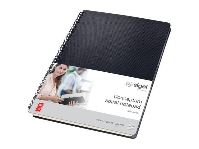 Notitieblok Conceptum met register spiraal zwart 5mm ruit hardcover. 160 pagina's 80 grams chamoiskleurig papier. Ontmoet snelzak. 4-voudige perforatie, kopregel voor datum. PEFC-gecertificeerd