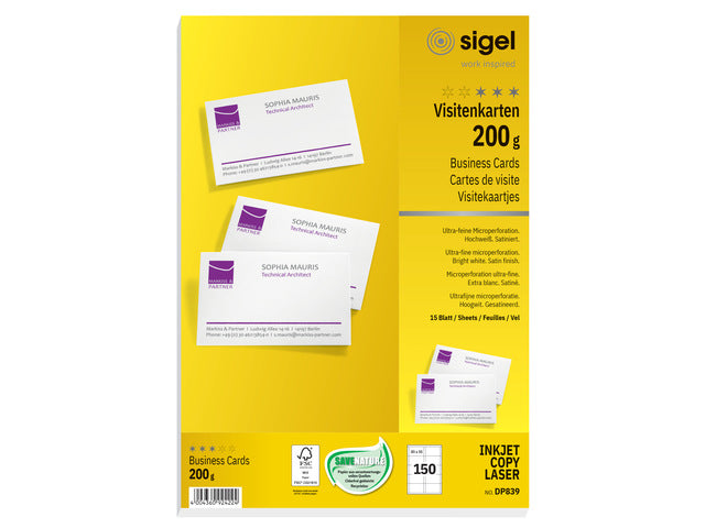 Visitekaartjes Sigel 200grs pak a 150 stuks wit