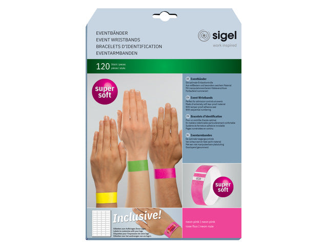 Evenementenbandjes Sigel superzacht, 255x25mm 120 stuks neon roze