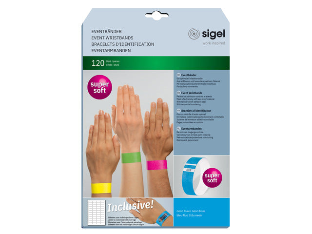 Evenementenbandjes Sigel superzacht, 255x25mm 120 stuks neon blauw