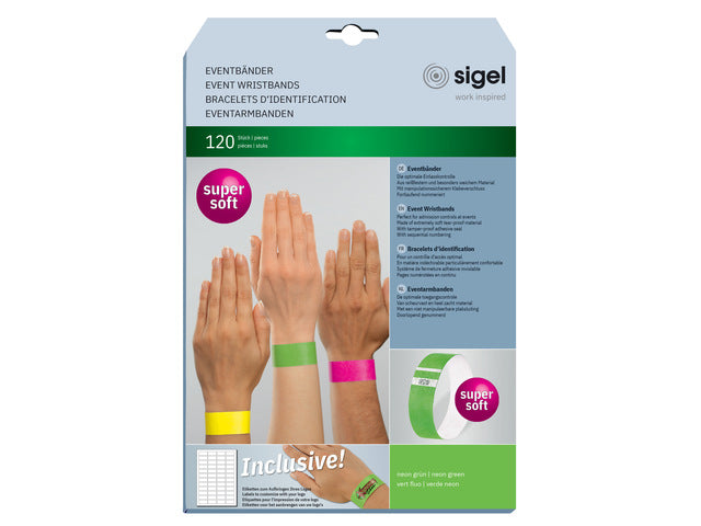 Evenementenbandjes Sigel superzacht, 255x25mm 120 stuks neon groen