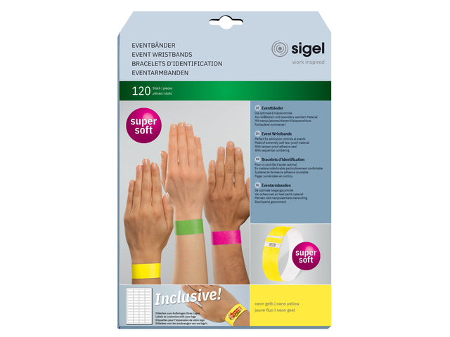 Evenementenbandjes Sigel superzacht, 255x25mm 120 stuks neon geel