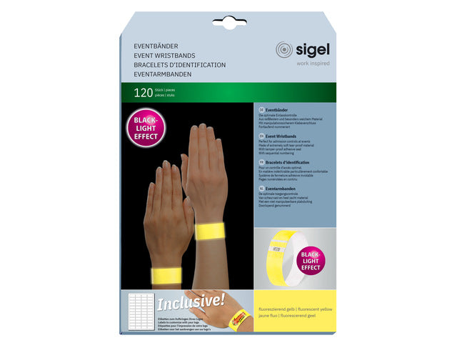 Evenementenbandjes Sigel superzacht, 255x25mm 120 stuks fluorescerend geel