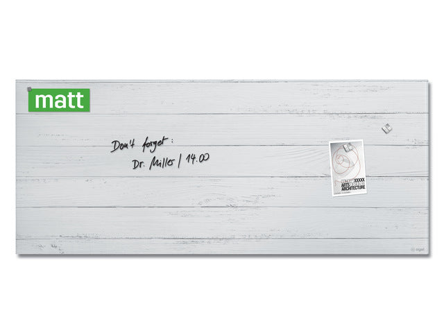 Glasmagneetbord Sigel mat WHITE WOOD 1300x550x15mm 3 magn + bevestigingsmat.