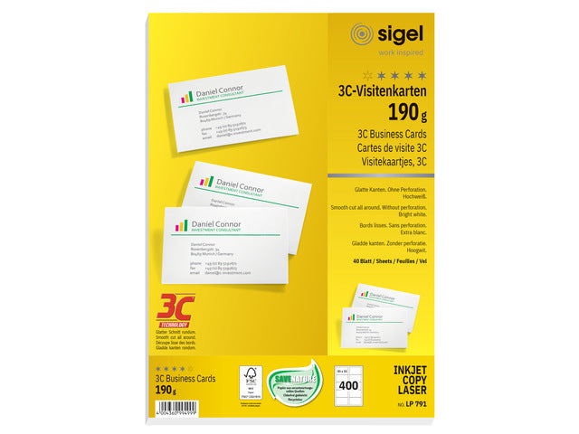 Visitekaartjes Sigel 3C 190g wit 400 stuks
