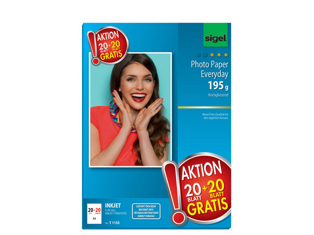 Inkjetfotopapier Sigel A4 wit hoogglans 195gr 20+20 vel gratis