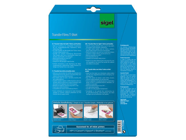 Inkjetfolie Sigel A4 Transfer weiß 6 Stück für leichte Kleidung/Textil +6 gratis