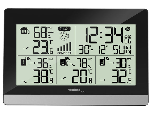 Weerstation Technoline WS 7065 144x96x38mm zwart/zilver met 3 buitensensoren 30m