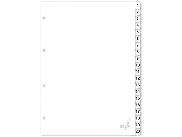 Tabblad Kangaro A4 cijfers PP 120 micron wit 4-gaats 20-delig