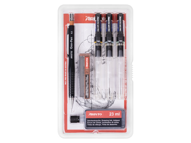 Tekenpen PRO Aristo College-set 6-delig 0,25-0,35-0,50mm tekenpennen, Geo-pen 0,5mm, tekeninkt 23ml zwart, navulling potloden 0,5mm
