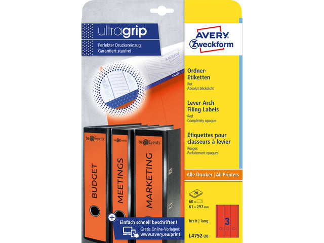 Ordnerteppich Avery 297x61mm rot 20 Vel 3 Etiketten pro Vel