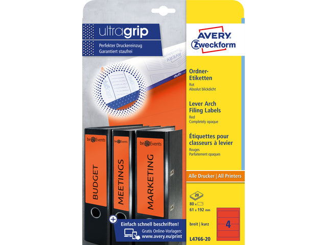 Ordnerteppich Avery 192x61mm rot 20 Vel 4 Etiketten pro Vel