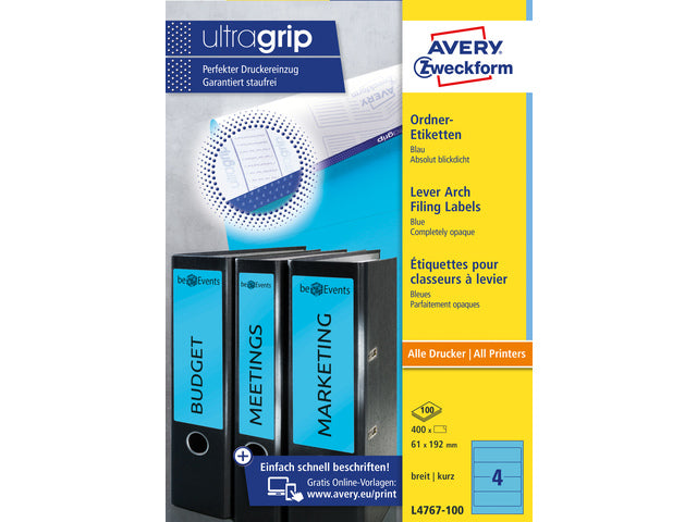 Ordnerteppich Avery 192x61mm blau 100 Vel 4 Etiketten pro Vel