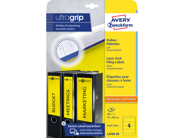Ordnerteppich Avery 192x61mm gelb 20 Vel 4 Etiketten pro Vel