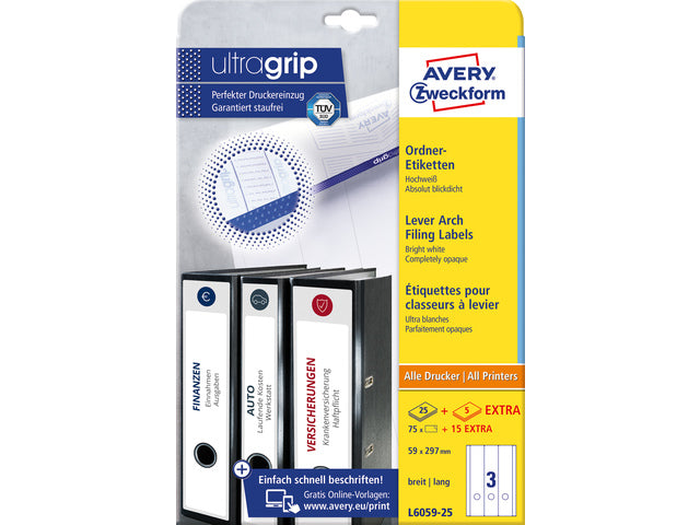 Ordnerteppich Avery 297x59mm 25 Vel 3 Etiketten pro Vel wit