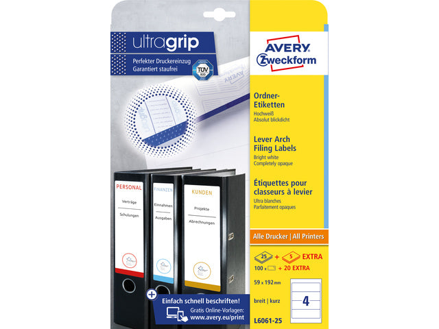 Ordnerteppich Avery 192x59mm 25 Vel 4 Etiketten pro Vel wit