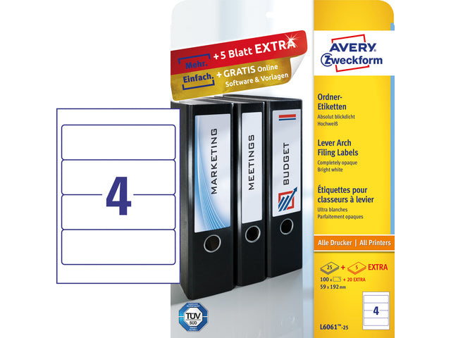Ordnerteppich Avery 192x59mm 25 Vel 4 Etiketten pro Vel wit