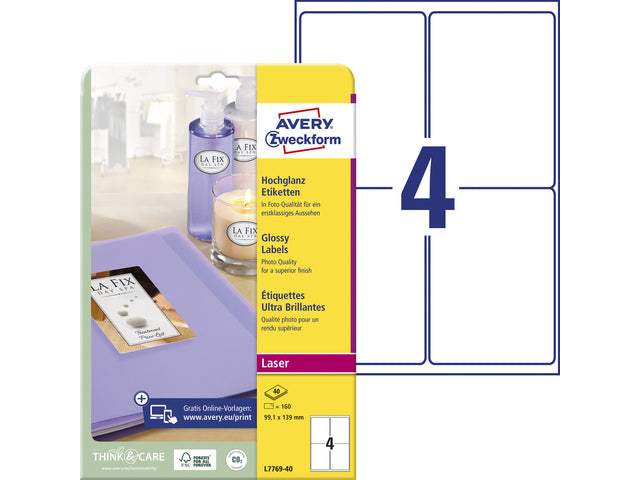 Etikett Hoogglans Avery 139 x 9,1 mm, mit Doos 40 Vel 4 Etikett/Vel permanent
