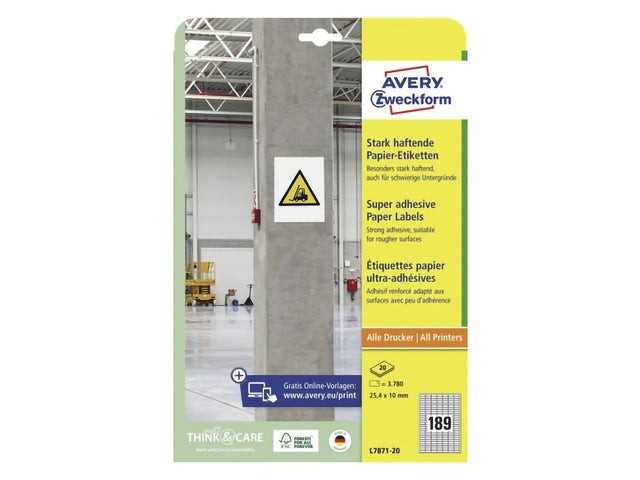 Etiket Avery zelfklevend 25,4x10mm wit permanent 20 vel 189 etiketten per vel