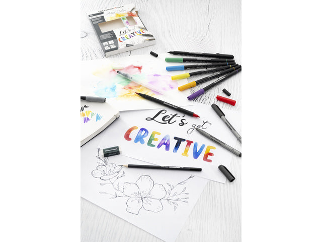 Mixed Media Set Eberhard Faber 13-teilig 8x Duo Brush/Fineliner, 2x Pigmentliner, 1x Wasserstift, 1x Grafitstift, 1x Gummi