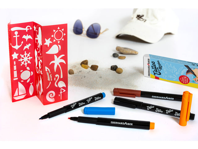 Tattoostift Eberhard Faber Beach 4st. en 4in1-sjablonen. (zwart,oranje, blauw en bruin)